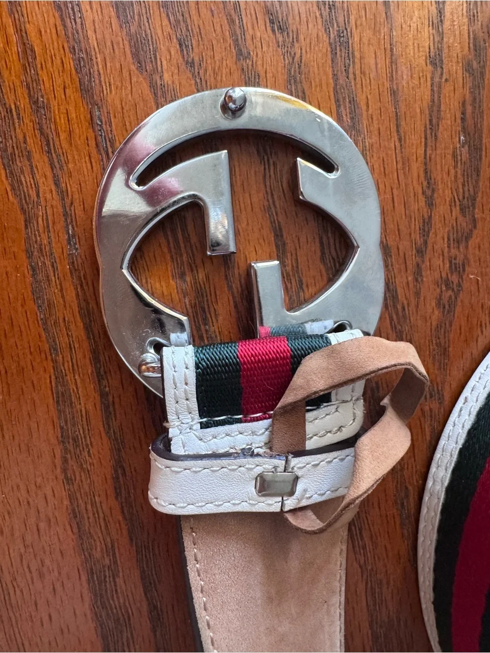 Vintage men’s Interlock Gucci GG Leather Belt Web Green Red White US men’s 36
